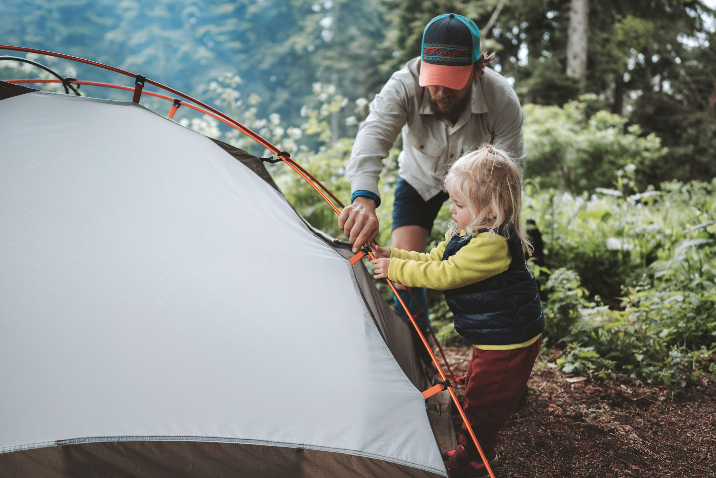 Father helping daughter pitch tent while camping