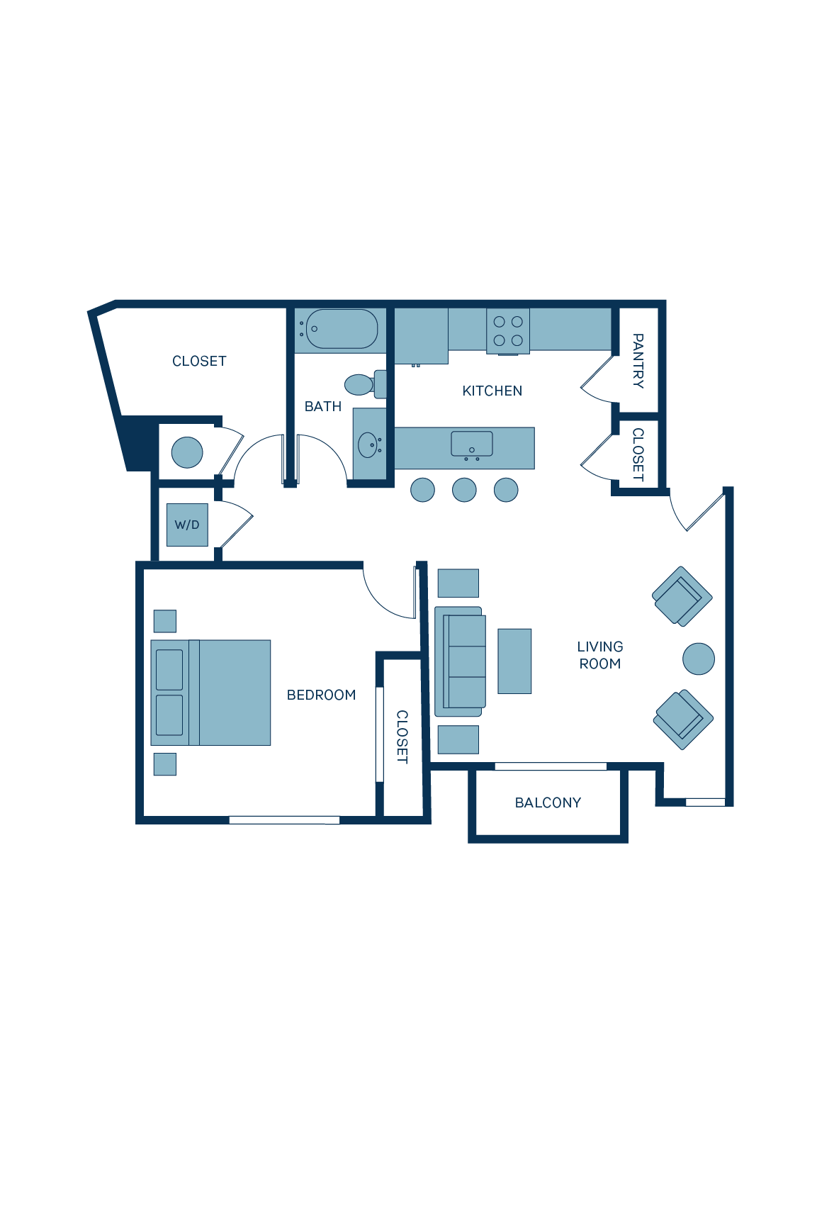 A 3D image of the A11 floorplan, a 851 squarefoot, 1 bed / 1 bath unit