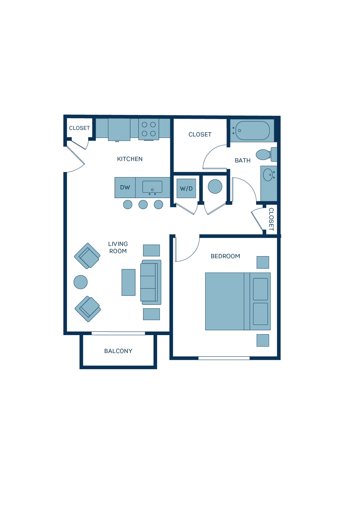 A 3D image of the A2 floorplan, a 677 squarefoot, 1 bed / 1 bath unit