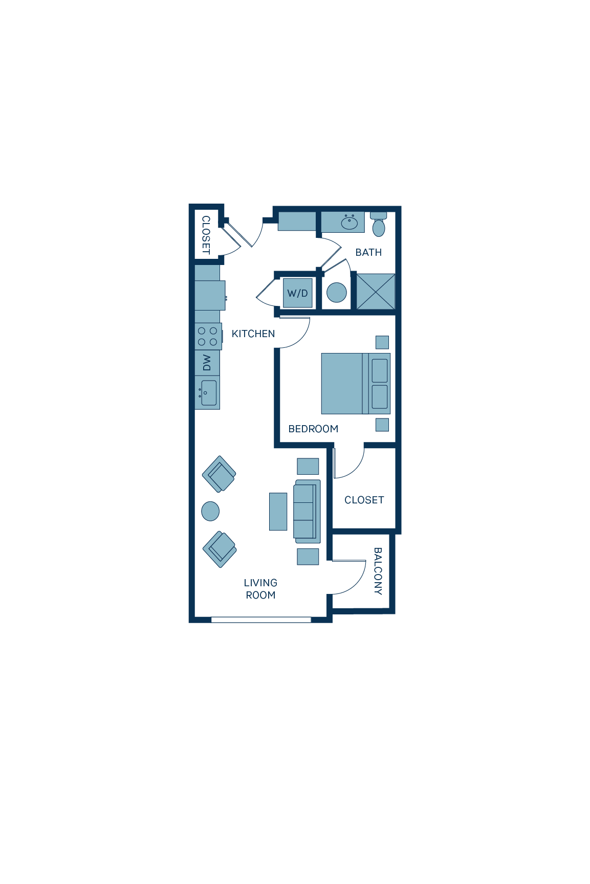 A 3D image of the A3 floorplan, a 677 squarefoot, 1 bed / 1 bath unit