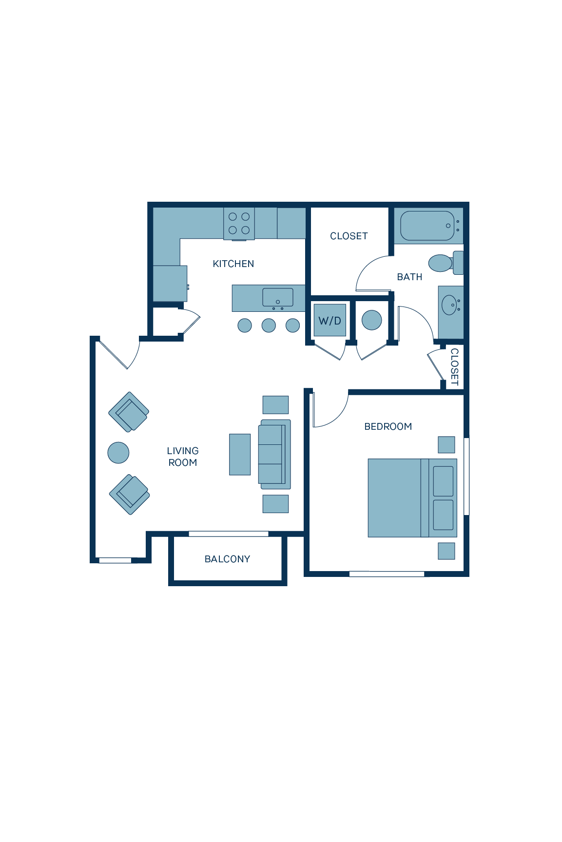 A 3D image of the A5 floorplan, a 745 squarefoot, 1 bed / 1 bath unit