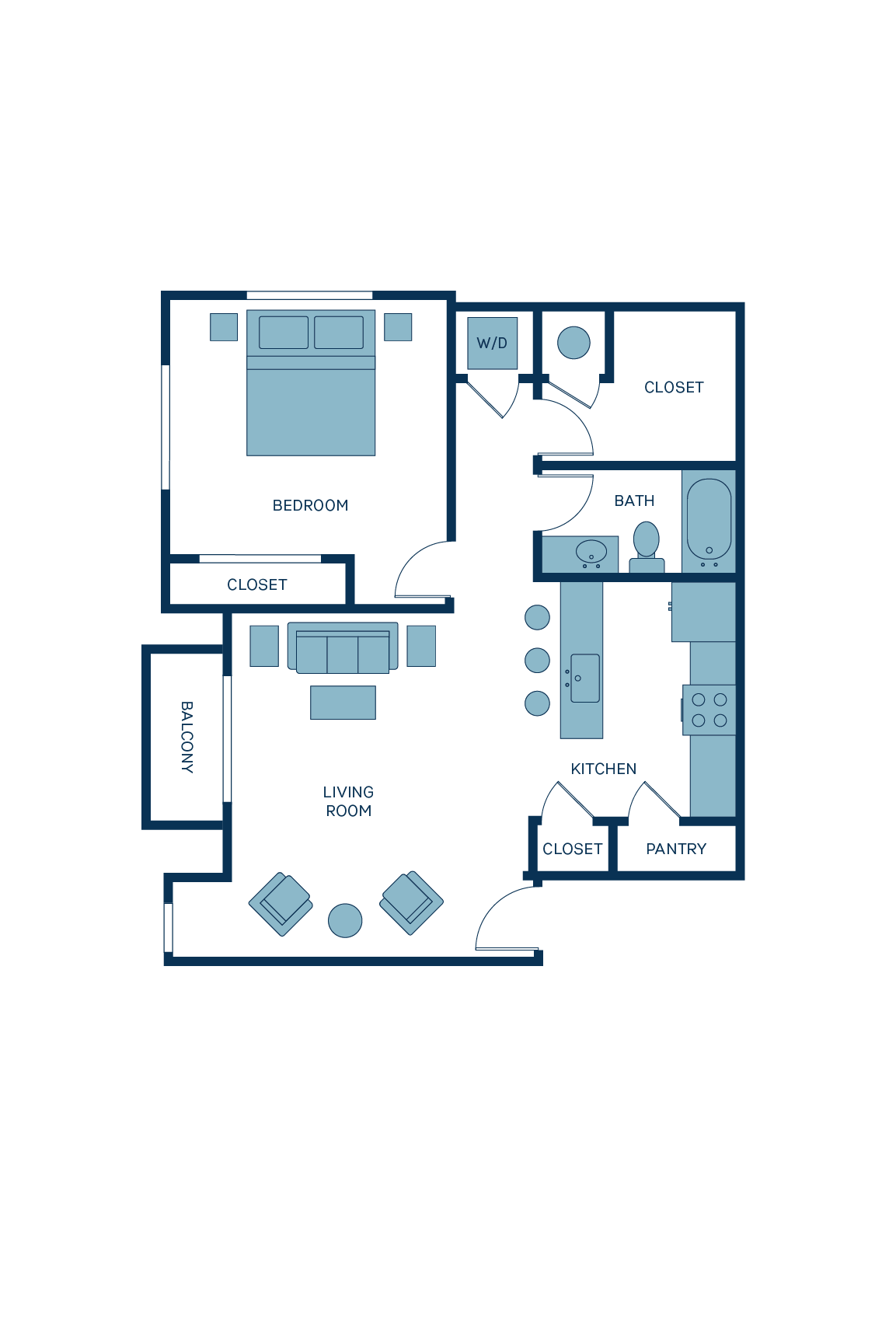 A 3D image of the A6 floorplan, a 855 squarefoot, 1 bed / 1 bath unit