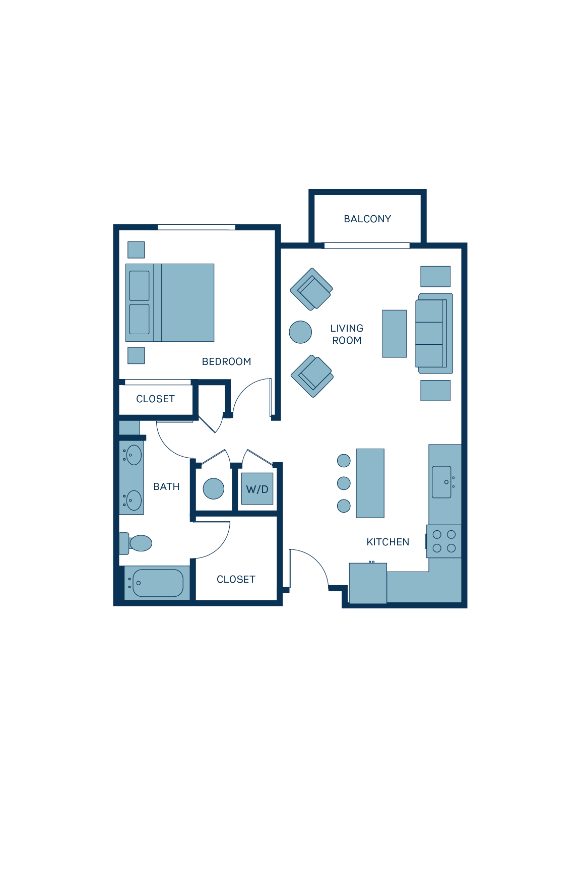 A 3D image of the A7 floorplan, a 739 squarefoot, 1 bed / 1 bath unit