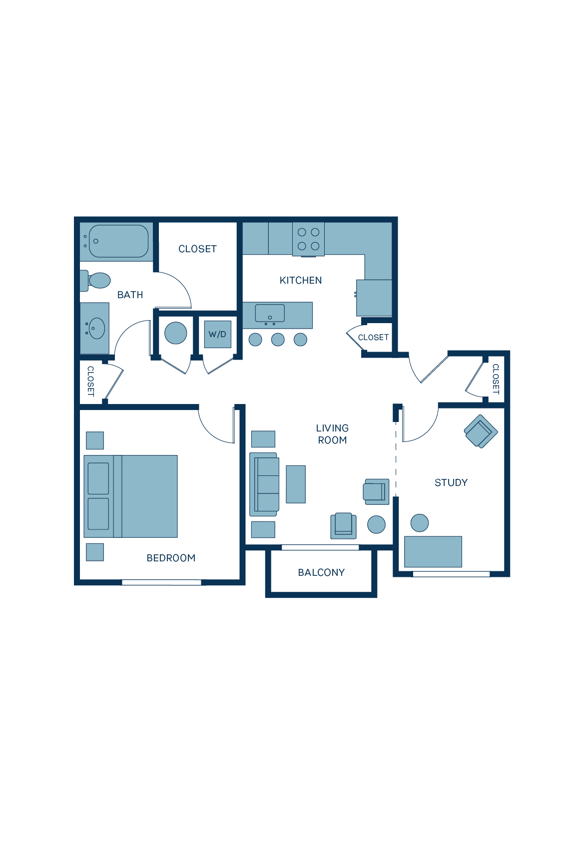 A 3D image of the A8 floorplan, a 825 squarefoot, 1 bed / 1 bath unit