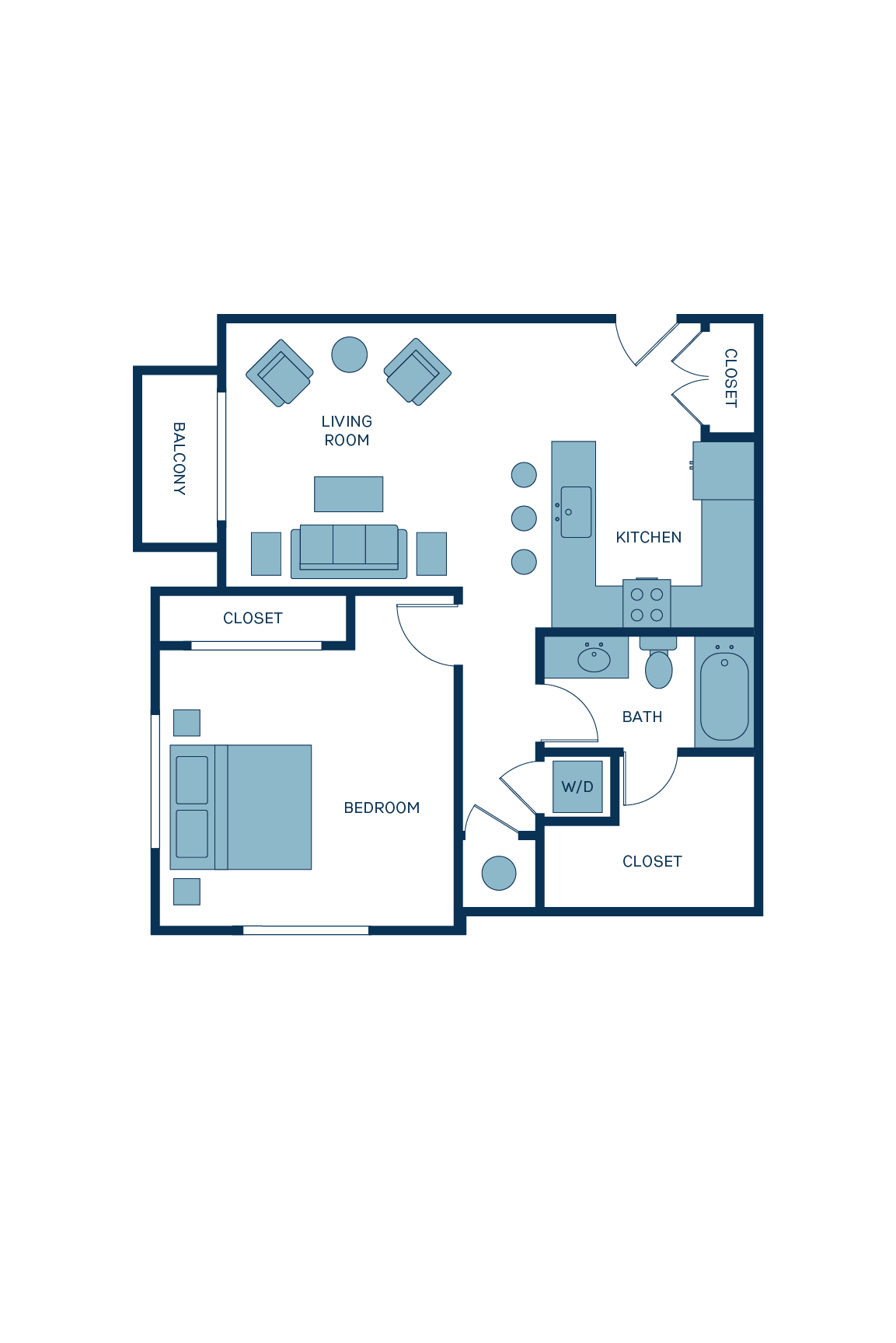 A 3D image of the A9 floorplan, a 781 squarefoot, 1 bed / 1 bath unit