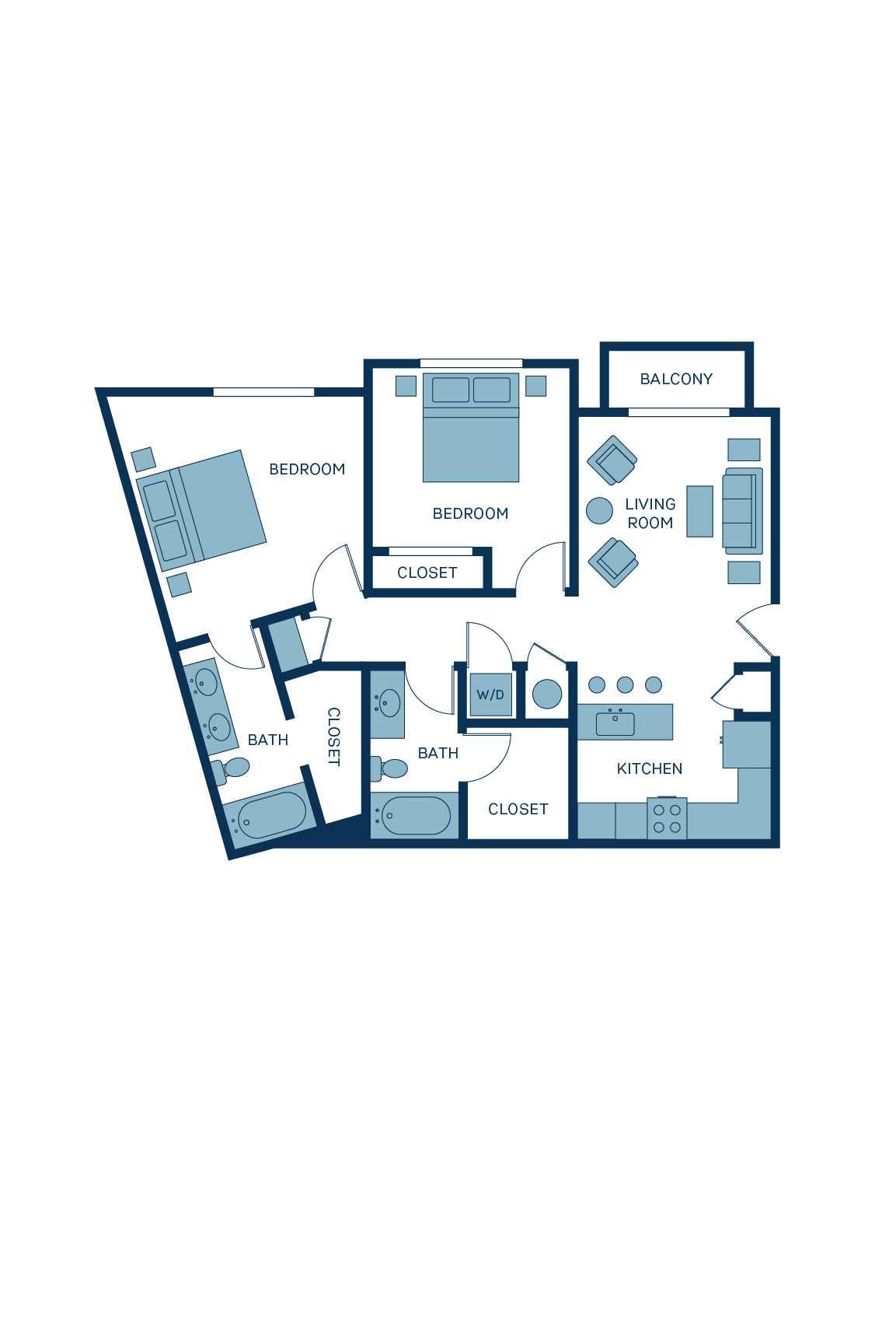 A 3D image of the B1 floorplan, a 986 squarefoot, 2 bed / 2 bath unit