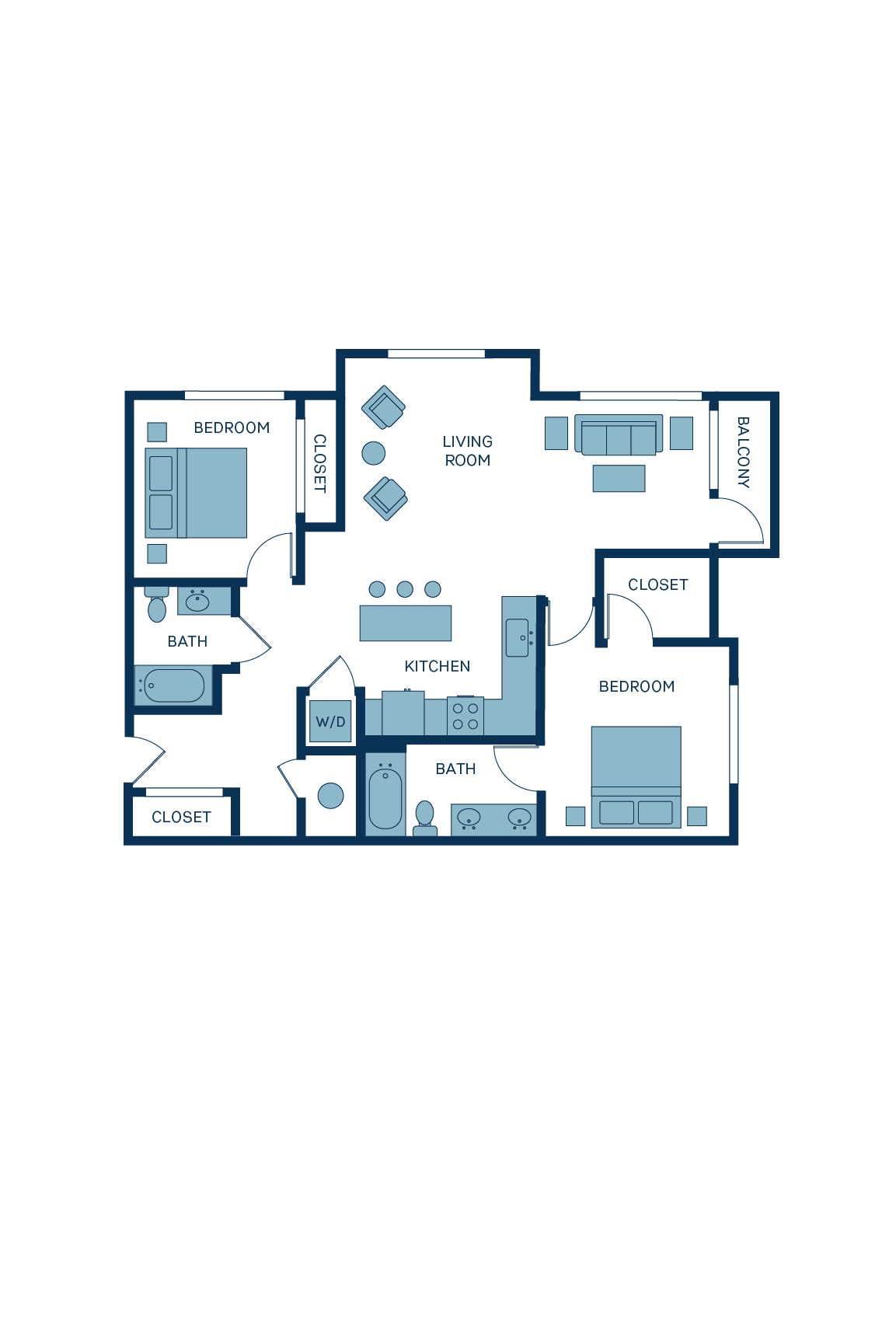 A 3D image of the B2 floorplan, a 1078 squarefoot, 2 bed / 2 bath unit