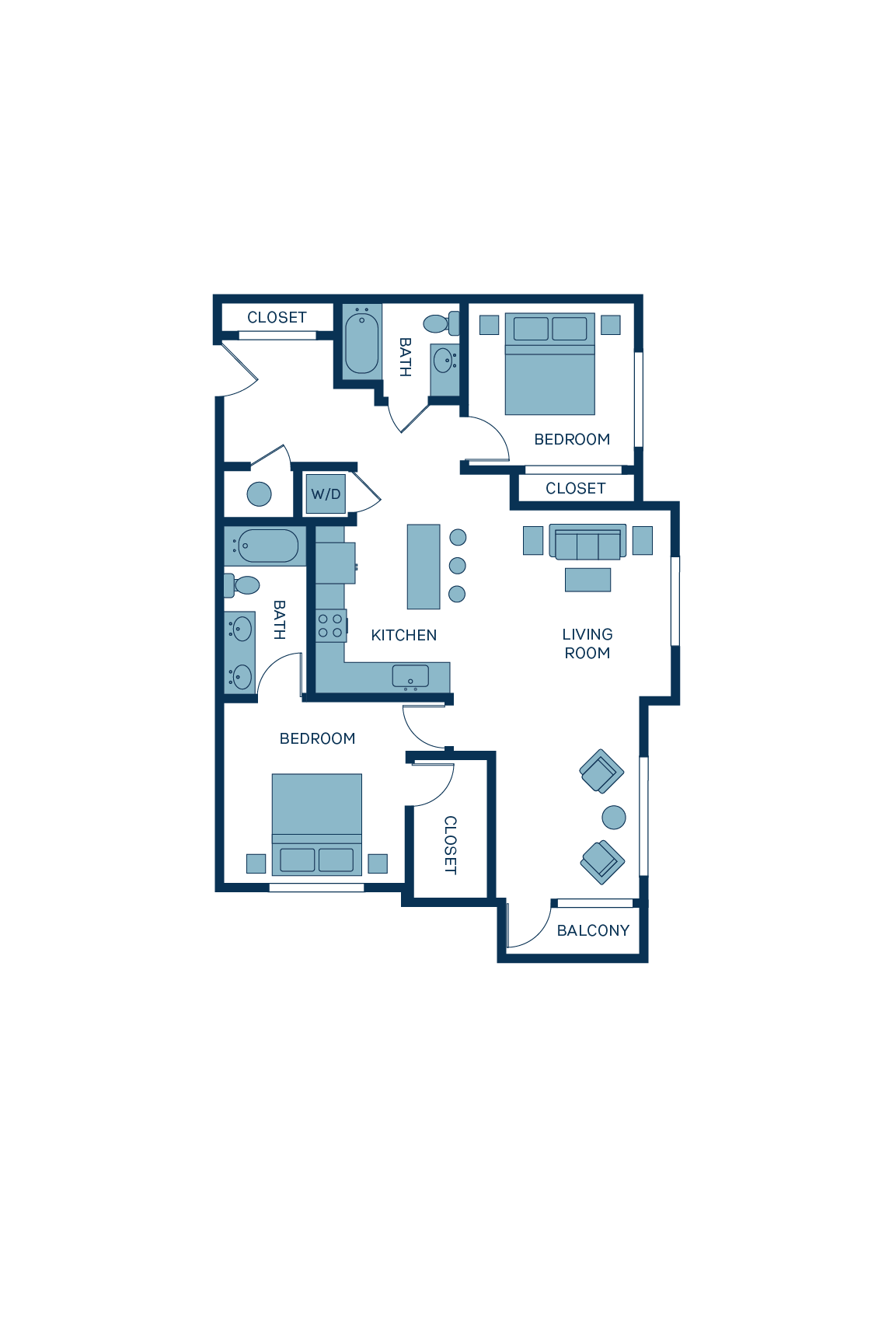 A 3D image of the B4 floorplan, a 1113 squarefoot, 2 bed / 2 bath unit