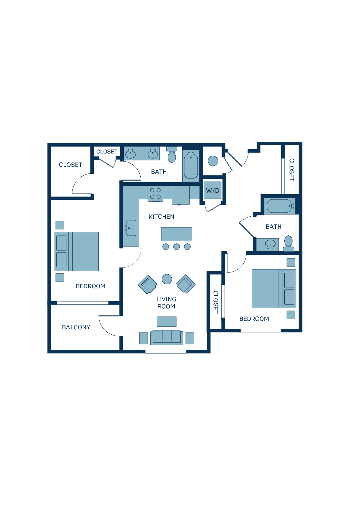 A 3D image of the B5 floorplan, a 1017 squarefoot, 2 bed / 2 bath unit