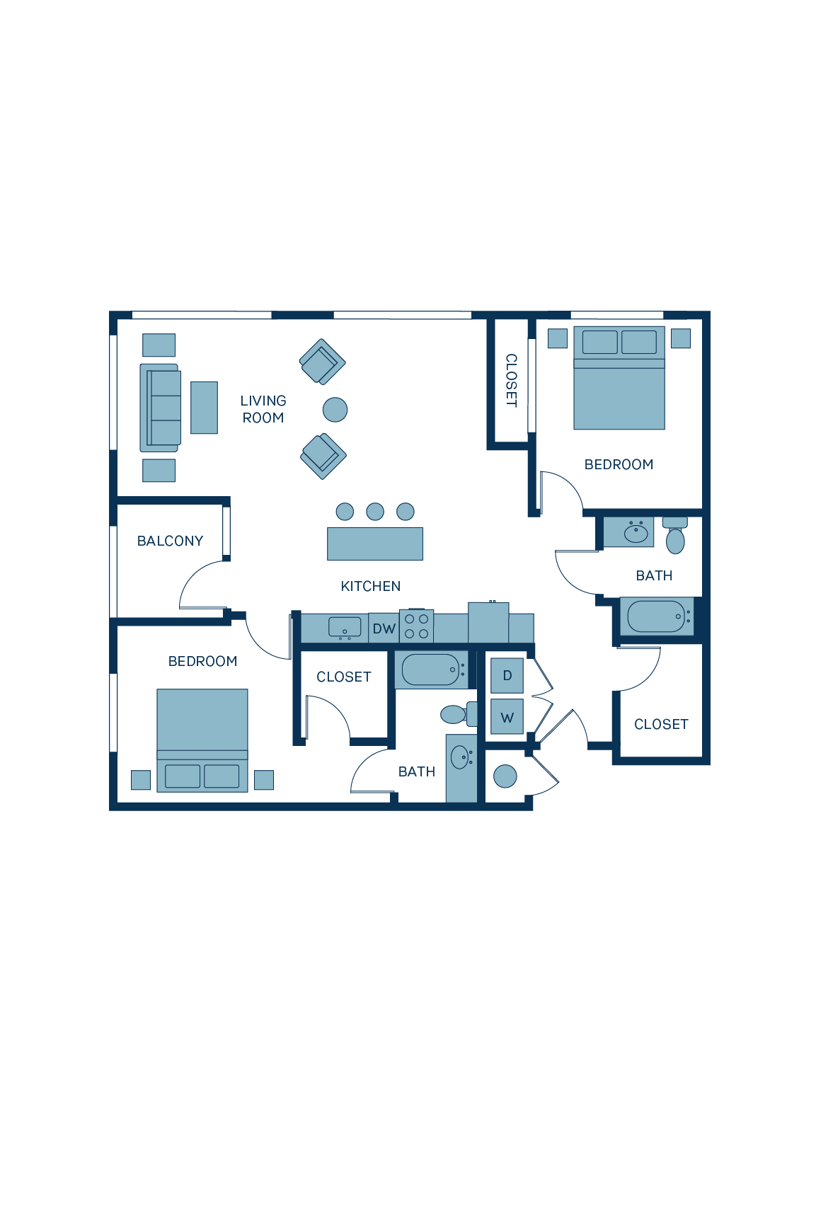 A 3D image of the B6 floorplan, a 1139 squarefoot, 2 bed / 2 bath unit