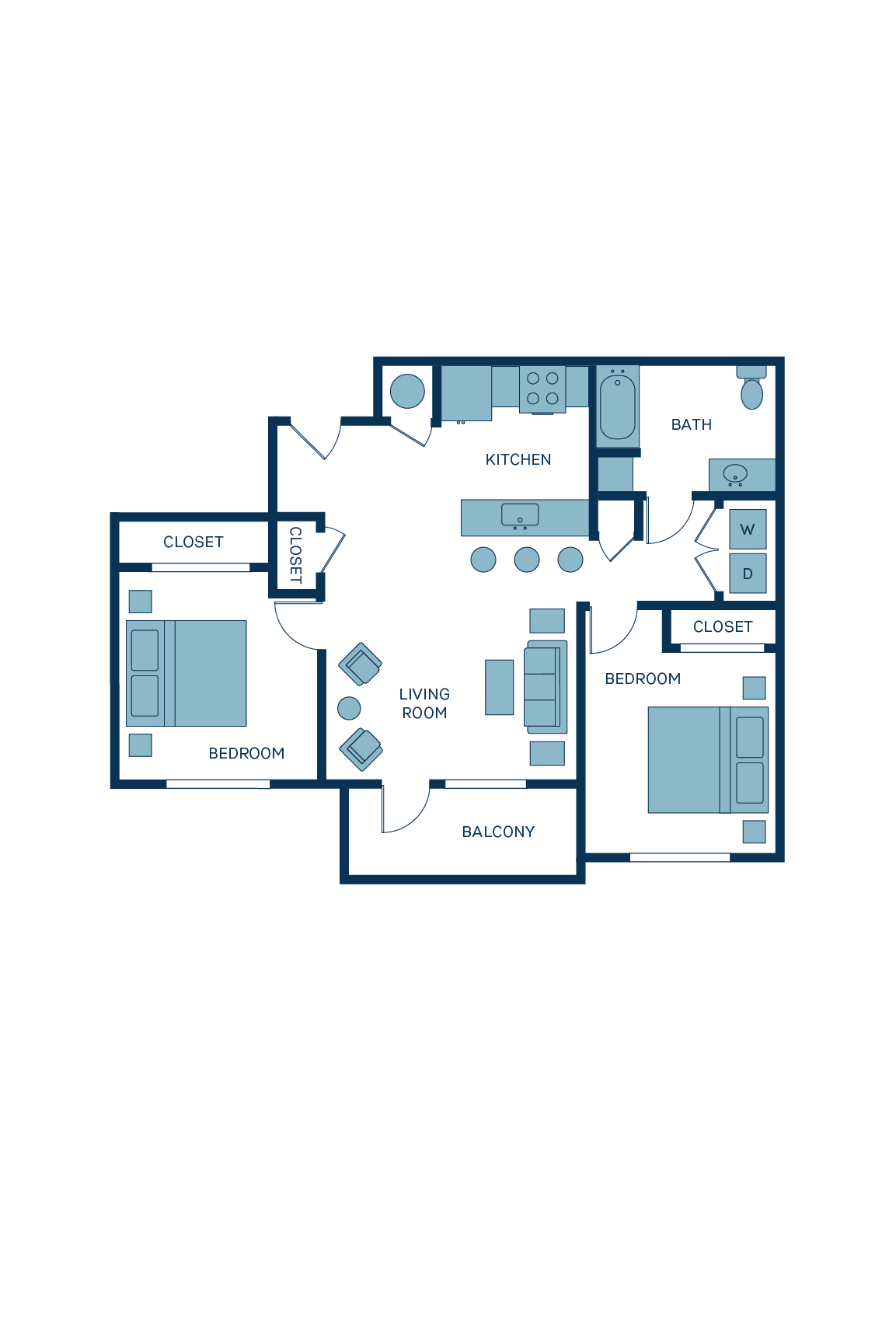 A 3D image of the B8 floorplan, a 980 squarefoot, 2 bed / 1 bath unit