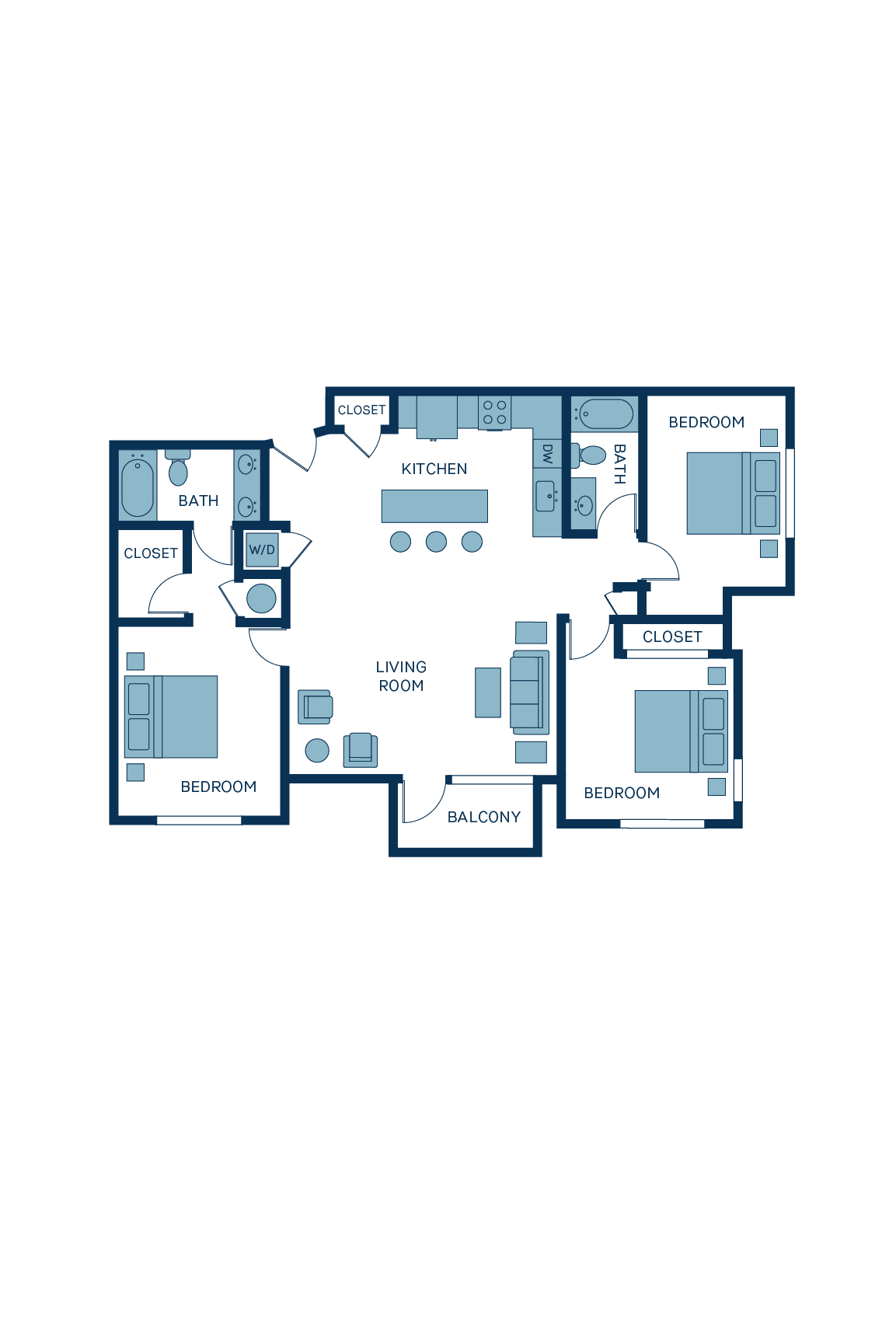 A 3D image of the C1 floorplan, a 1374 squarefoot, 3 bed / 2 bath unit