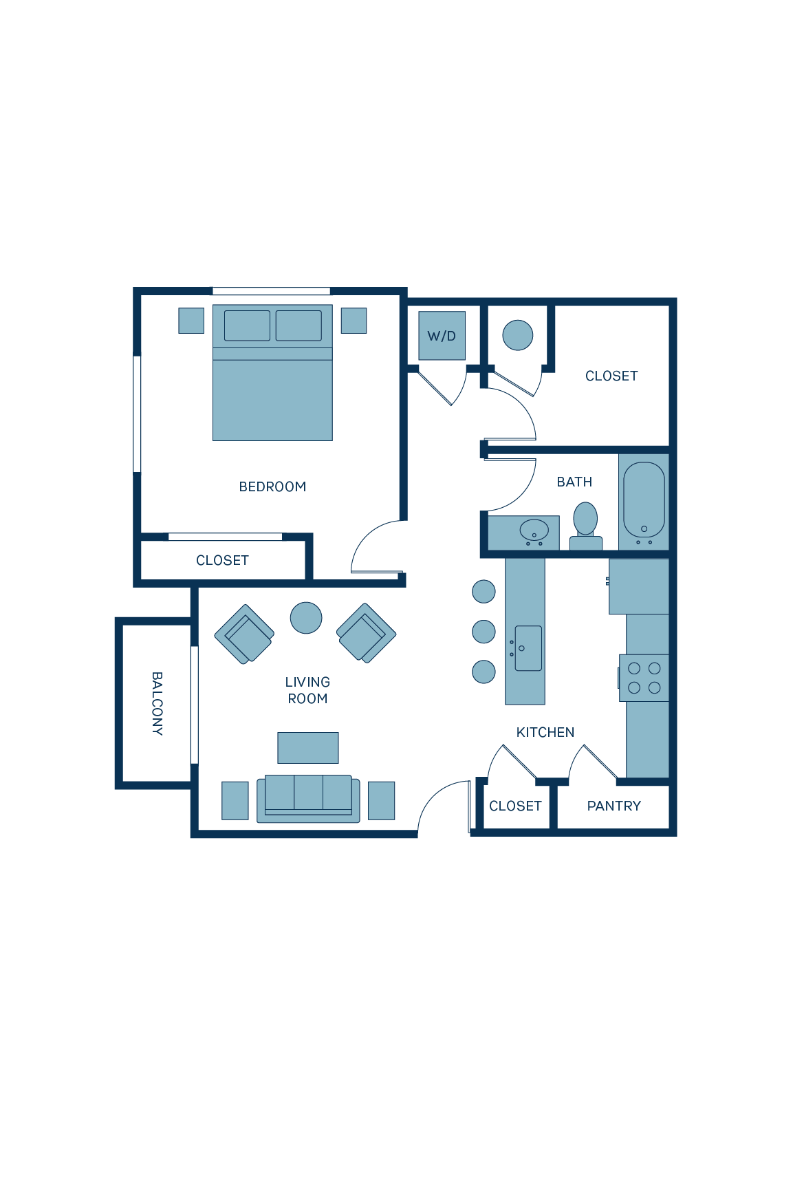 A 3D image of the A4 floorplan, a 781 squarefoot, 1 bed / 1 bath unit