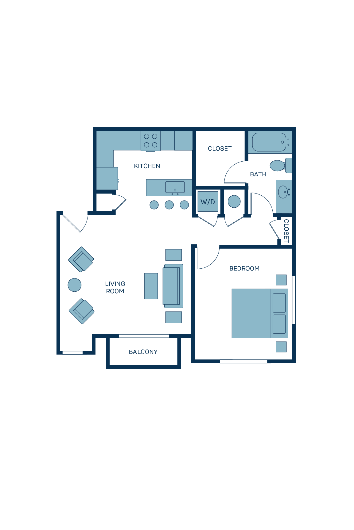 A 3D image of the A5 floorplan, a 745 squarefoot, 1 bed / 1 bath unit