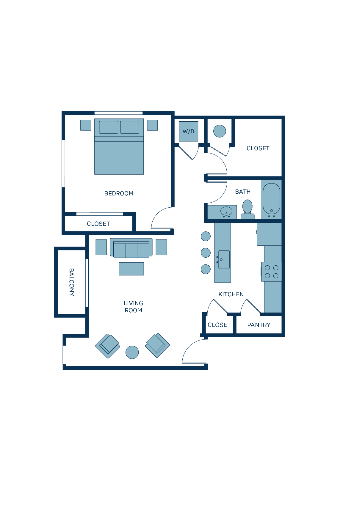 A 3D image of the A6 floorplan, a 855 squarefoot, 1 bed / 1 bath unit