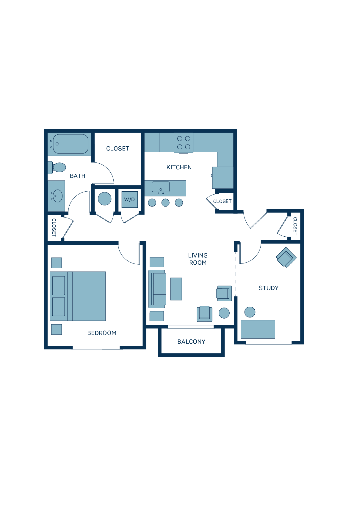 A 3D image of the A8 floorplan, a 825 squarefoot, 1 bed / 1 bath unit