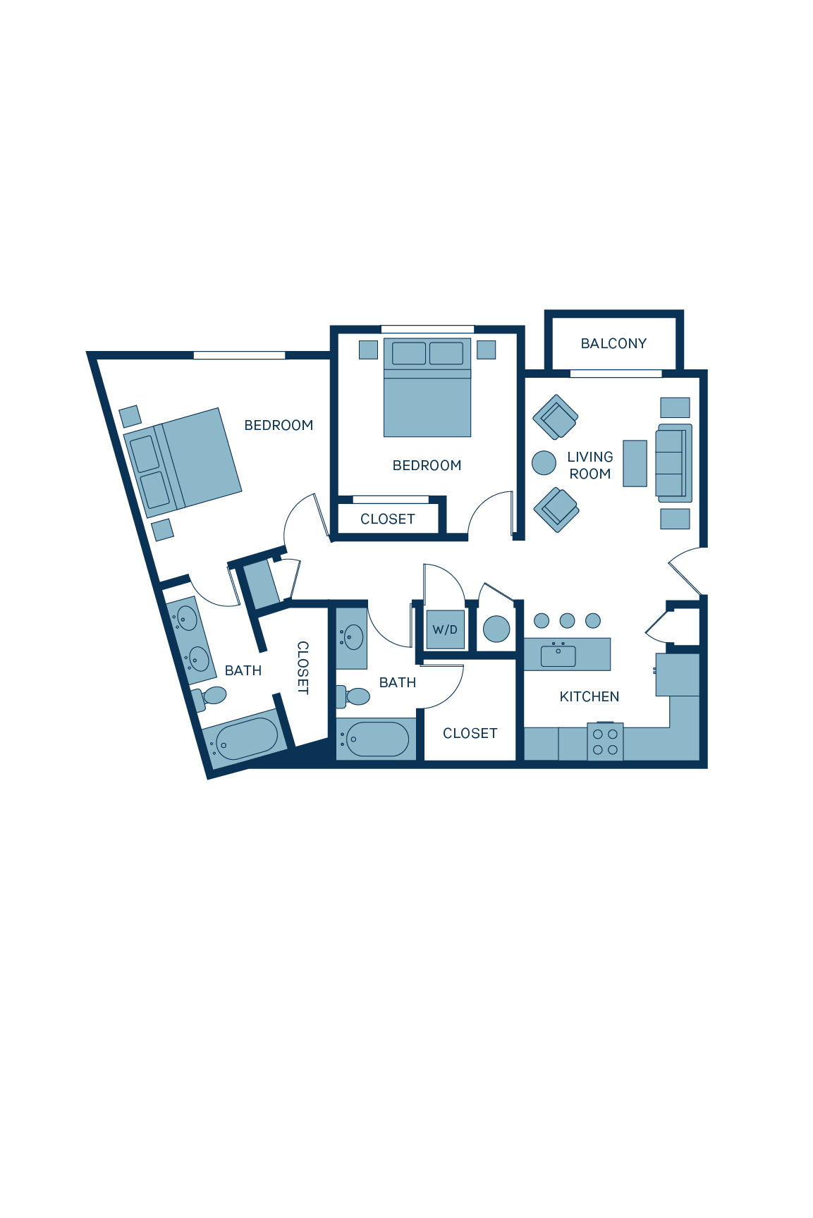 A 3D image of the B1 floorplan, a 986 squarefoot, 2 bed / 2 bath unit