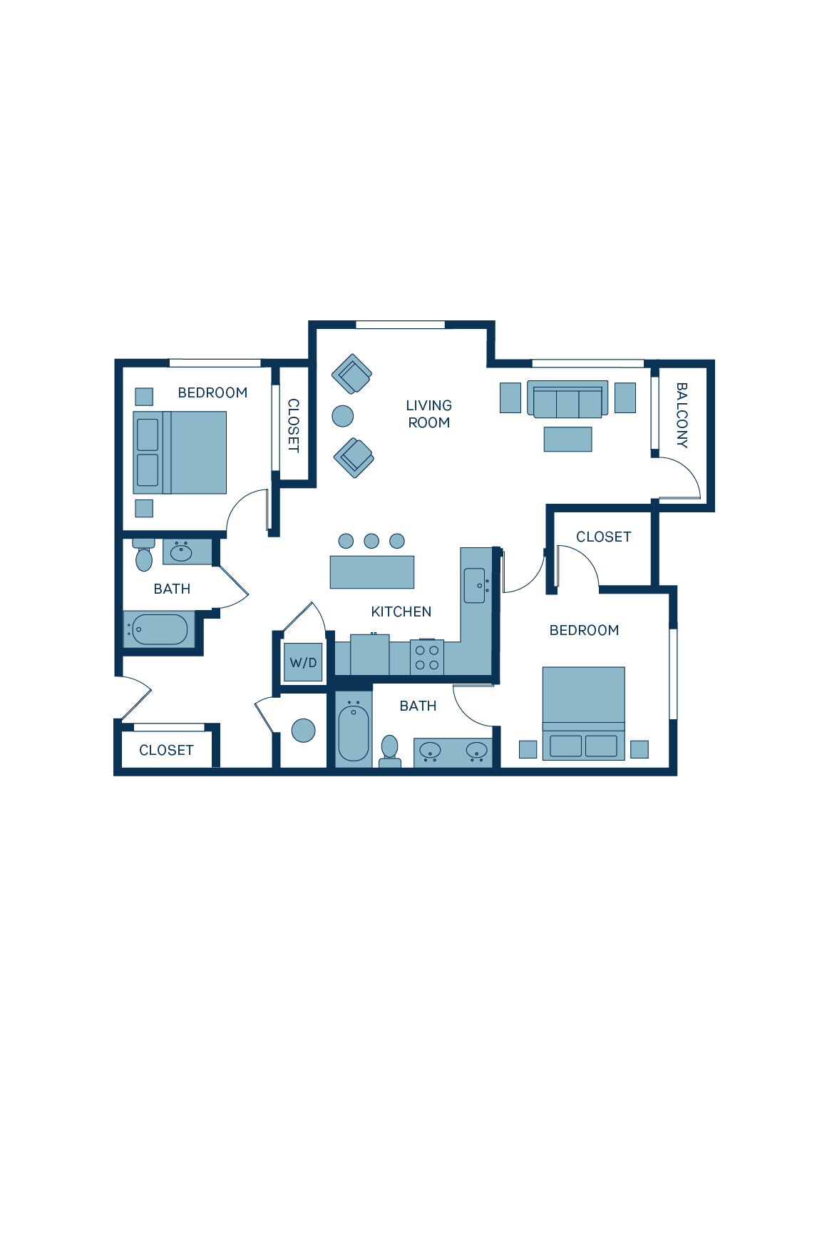 A 3D image of the B2 floorplan, a 1078 squarefoot, 2 bed / 2 bath unit