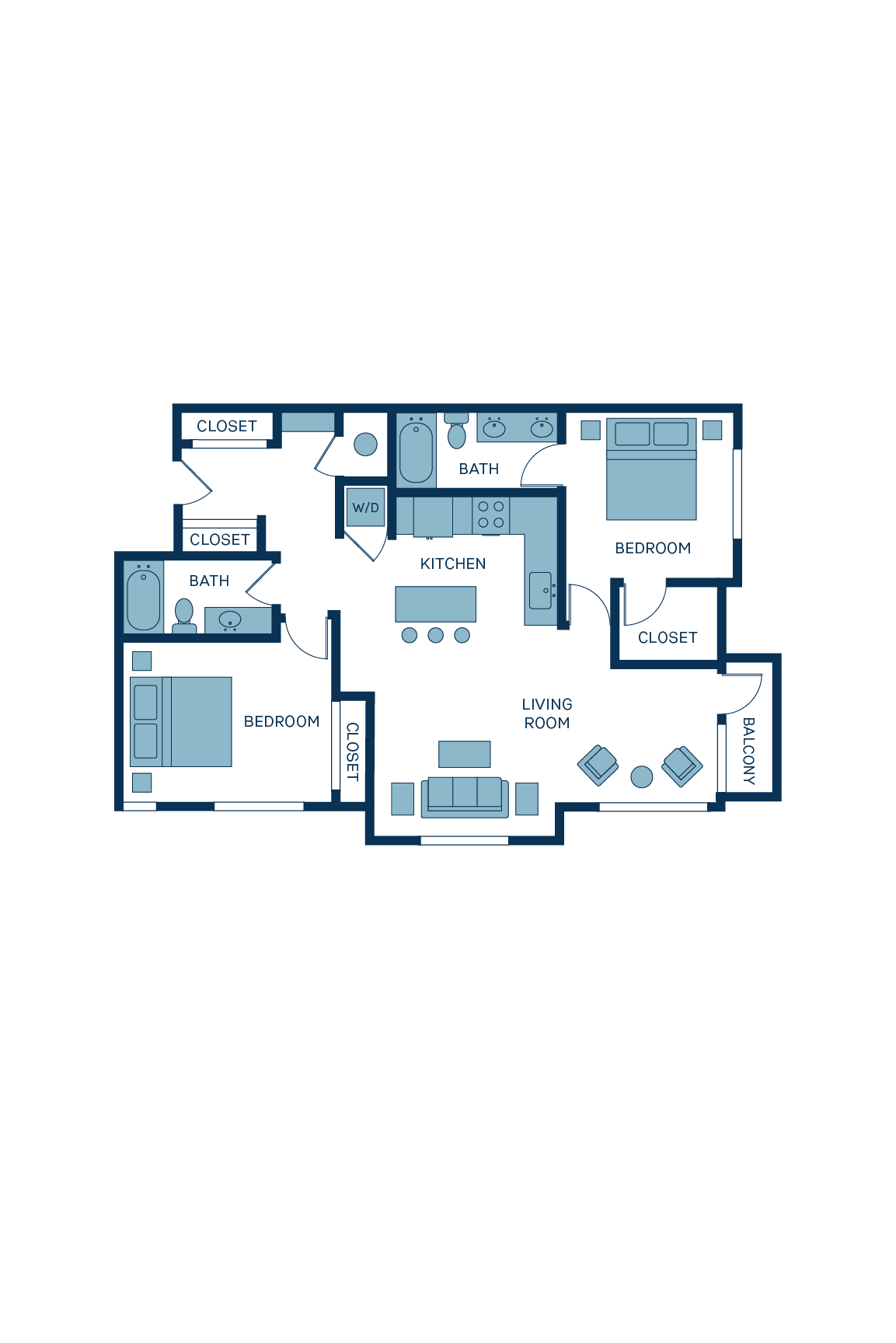 A 3D image of the B3 floorplan, a 1149 squarefoot, 2 bed / 2 bath unit