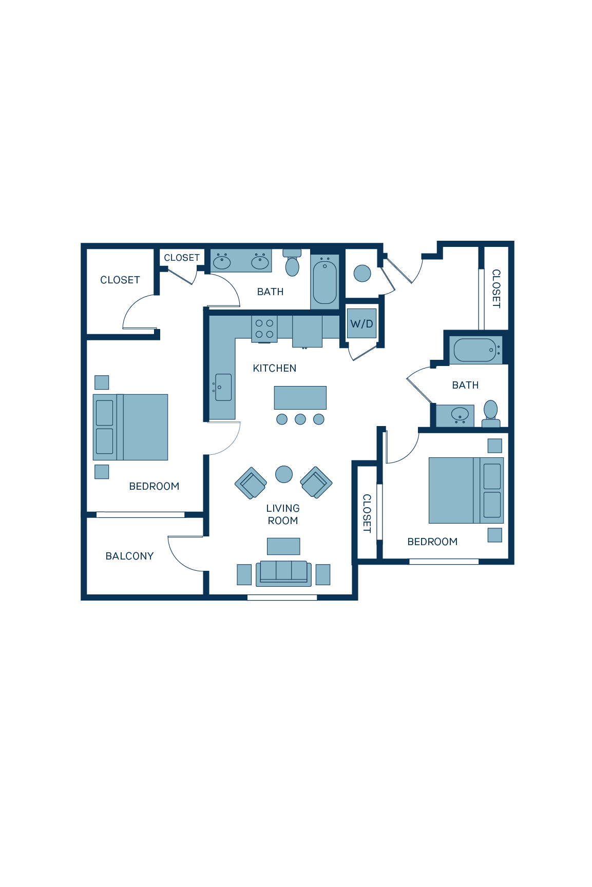 A 3D image of the B5 floorplan, a 1017 squarefoot, 2 bed / 2 bath unit