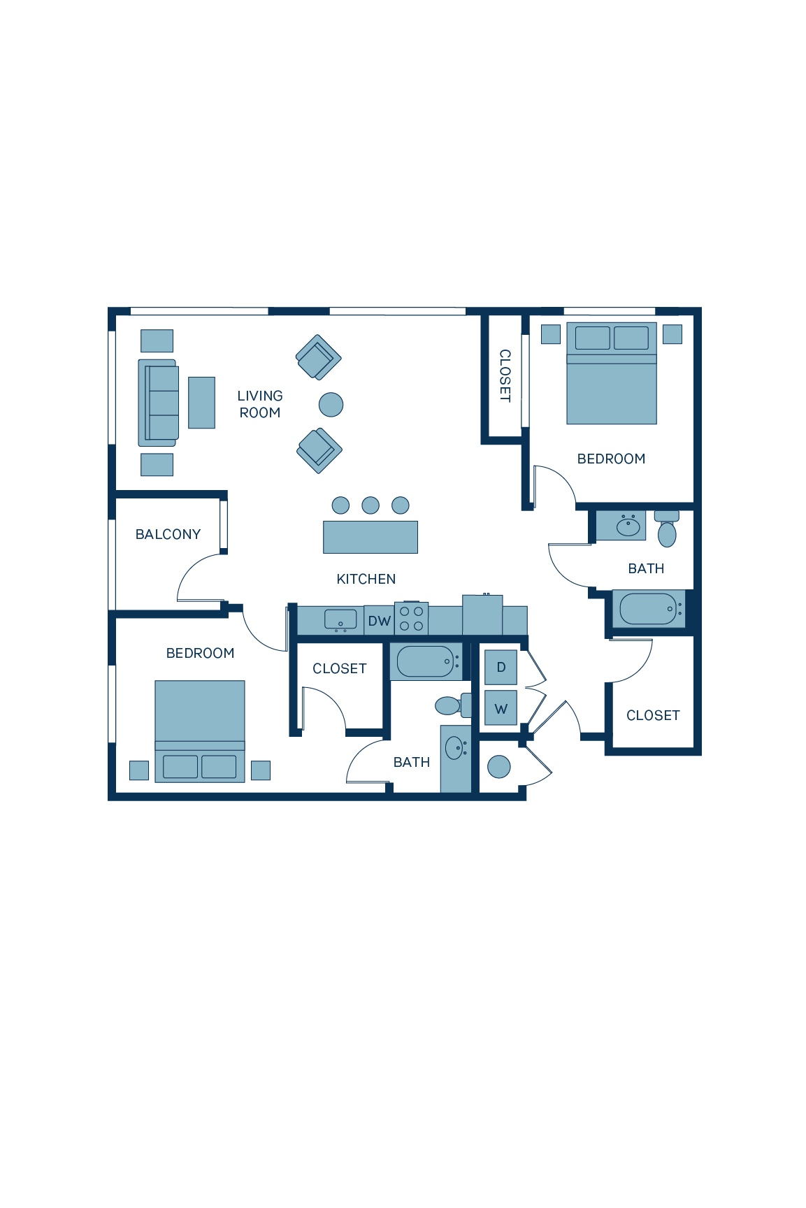 A 3D image of the B6 floorplan, a 1139 squarefoot, 2 bed / 2 bath unit