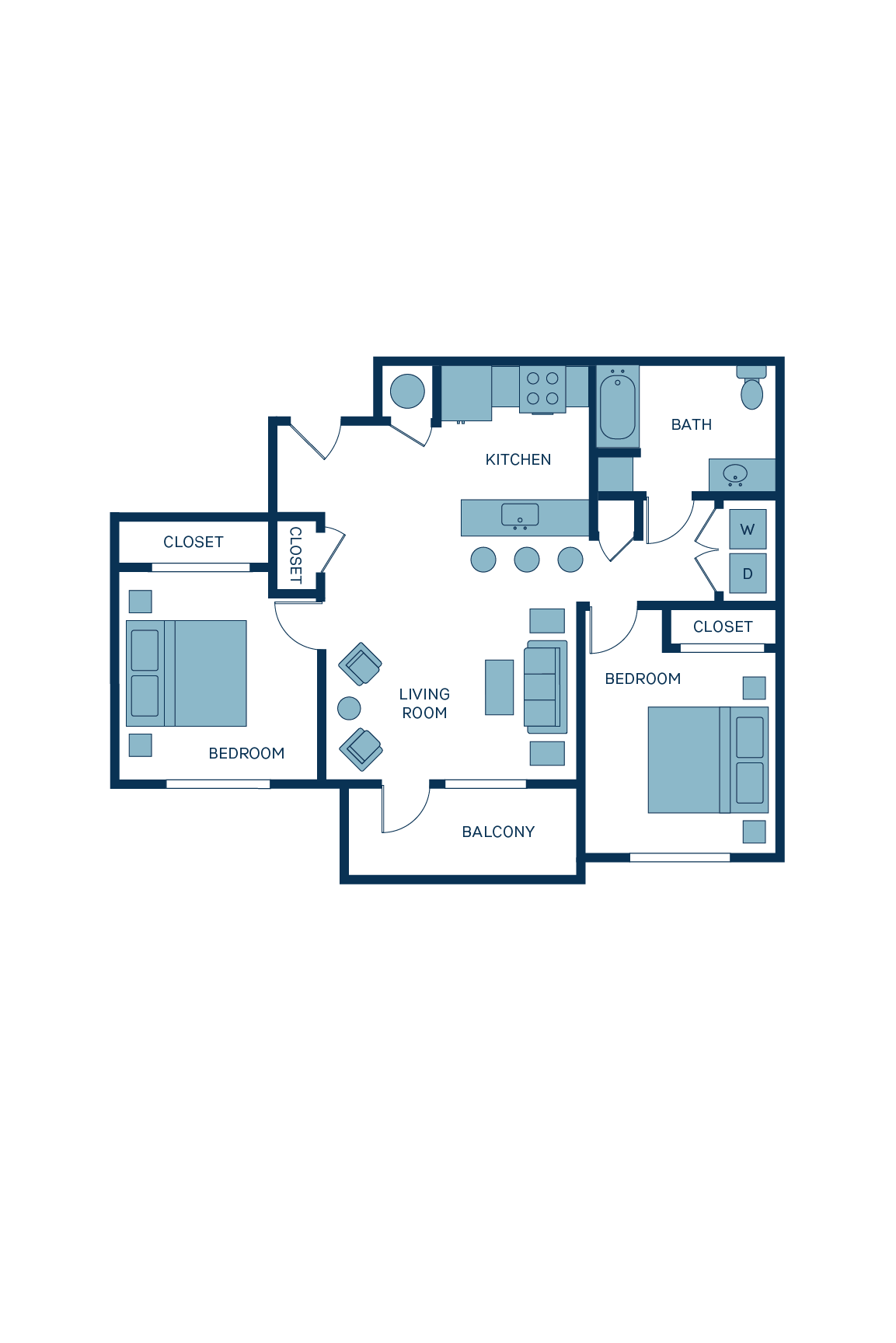 A 3D image of the B8 floorplan, a 980 squarefoot, 2 bed / 2 bath unit