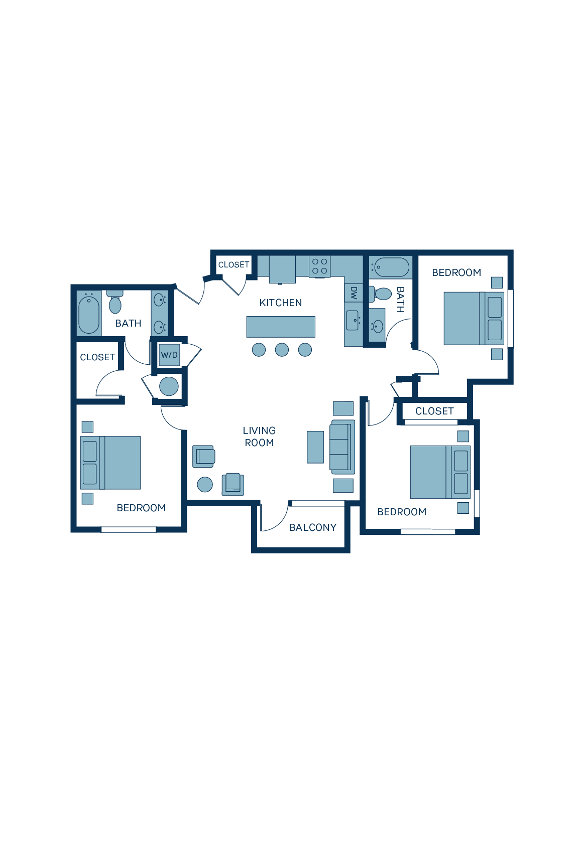 A 3D image of the C1 floorplan, a 1374 squarefoot, 3 bed / 2 bath unit